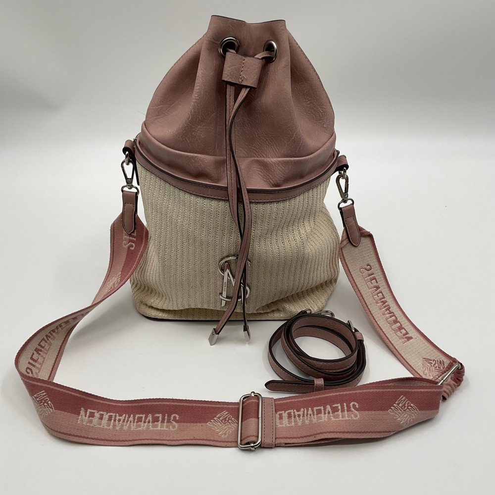 Steve Madden Pink Cream Straw Bucket Bag Crossbody Purse Boho Cottagecore